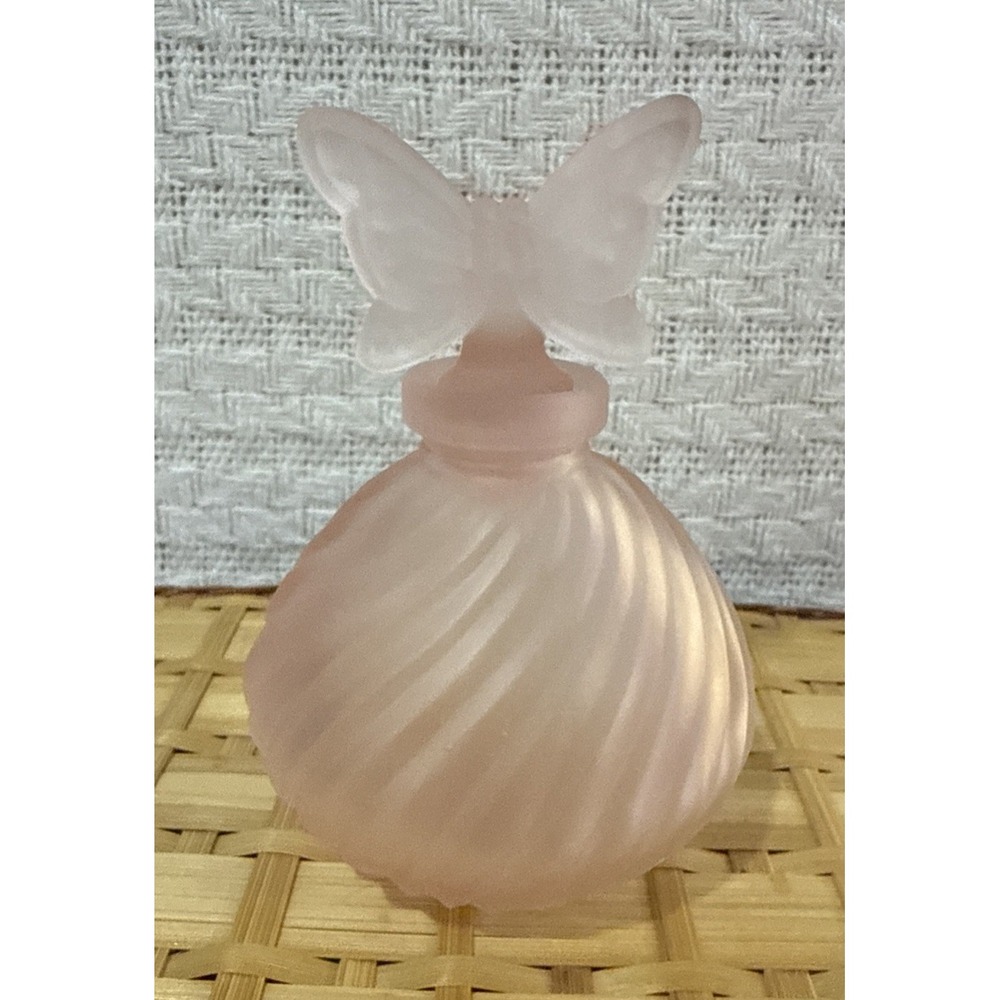 VINTAGE 4 PIECE PINK FROSTED GLASS BUTTERFLY PERFUME VANITY SET i3 - Picture 2 of 9